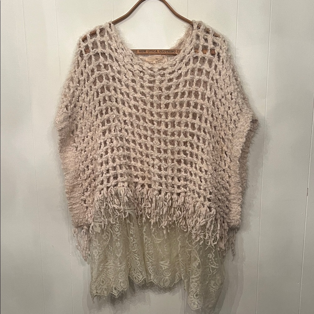 Ryu Open-Knit Fringe Sweater in Cream
